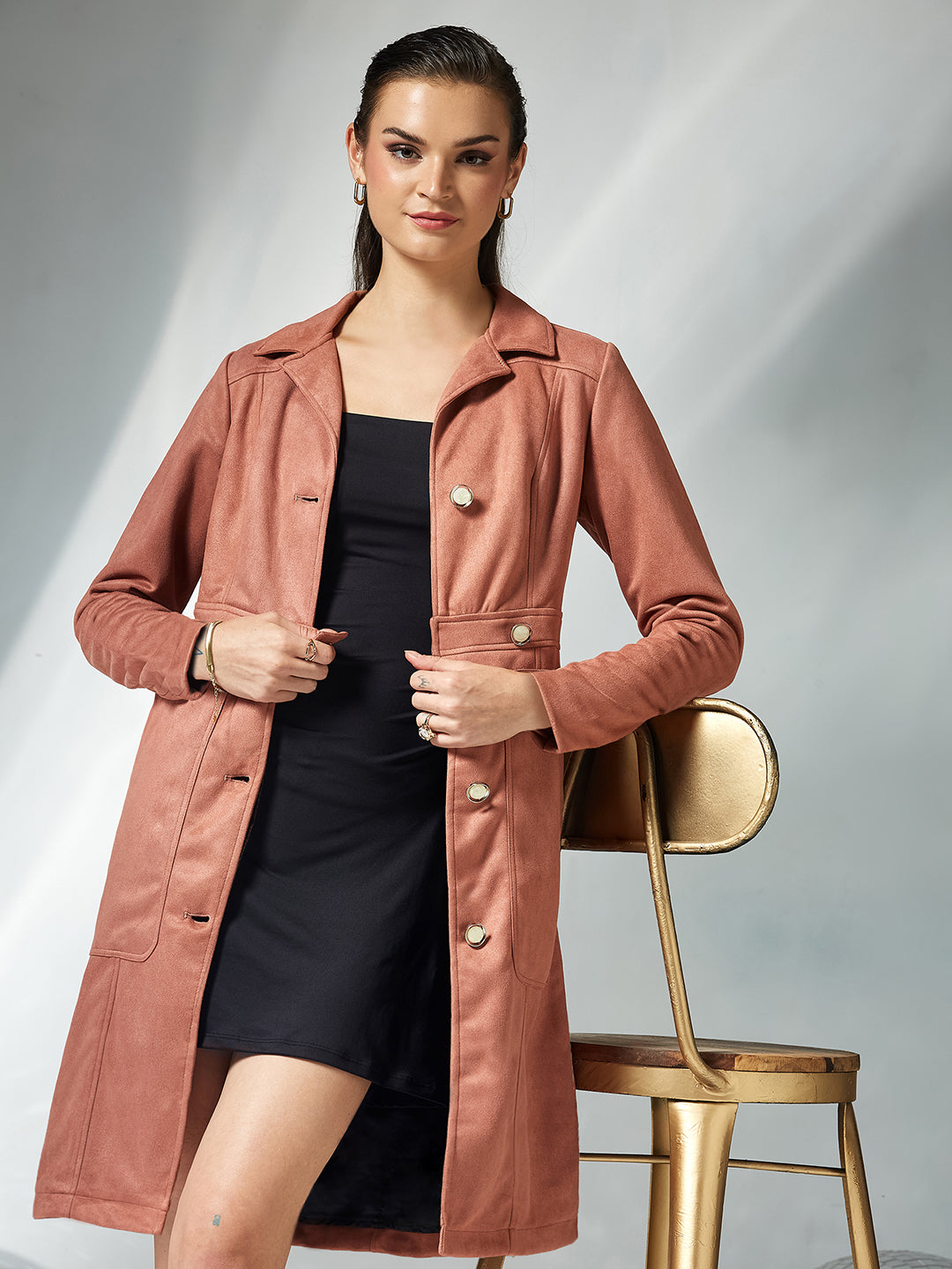 Women's Dusty Peach Shirt-Collar Full Sleeves Solid Button-down Longline Polyester Jacket