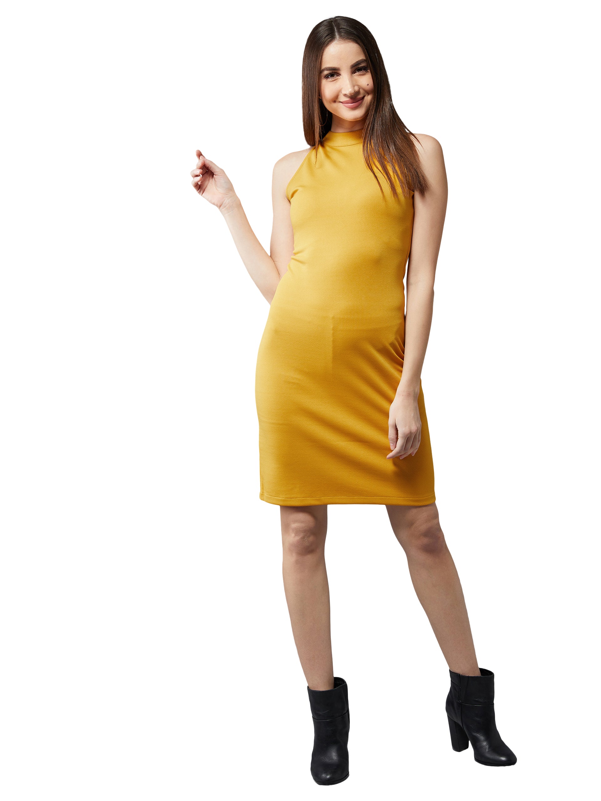 Women's Mustard Round Neck Sleeveless Solid Bodycon Knee Long Dress