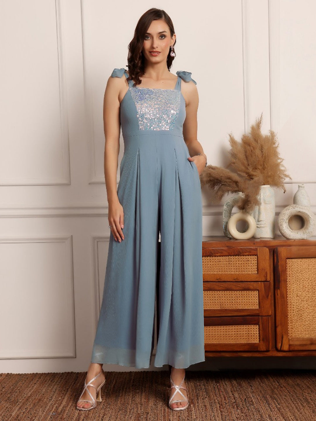 Women's Dusty Blue Square-Neck Sleeveless Embellished Pleated Chiffon Jumpsuit