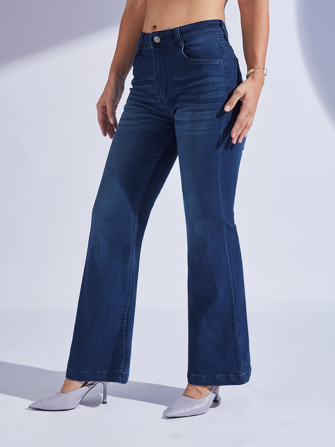 Women's Navy Blue High-Rise Clean-Look Regular-Length Stretchable Bootcut Denim Jeans