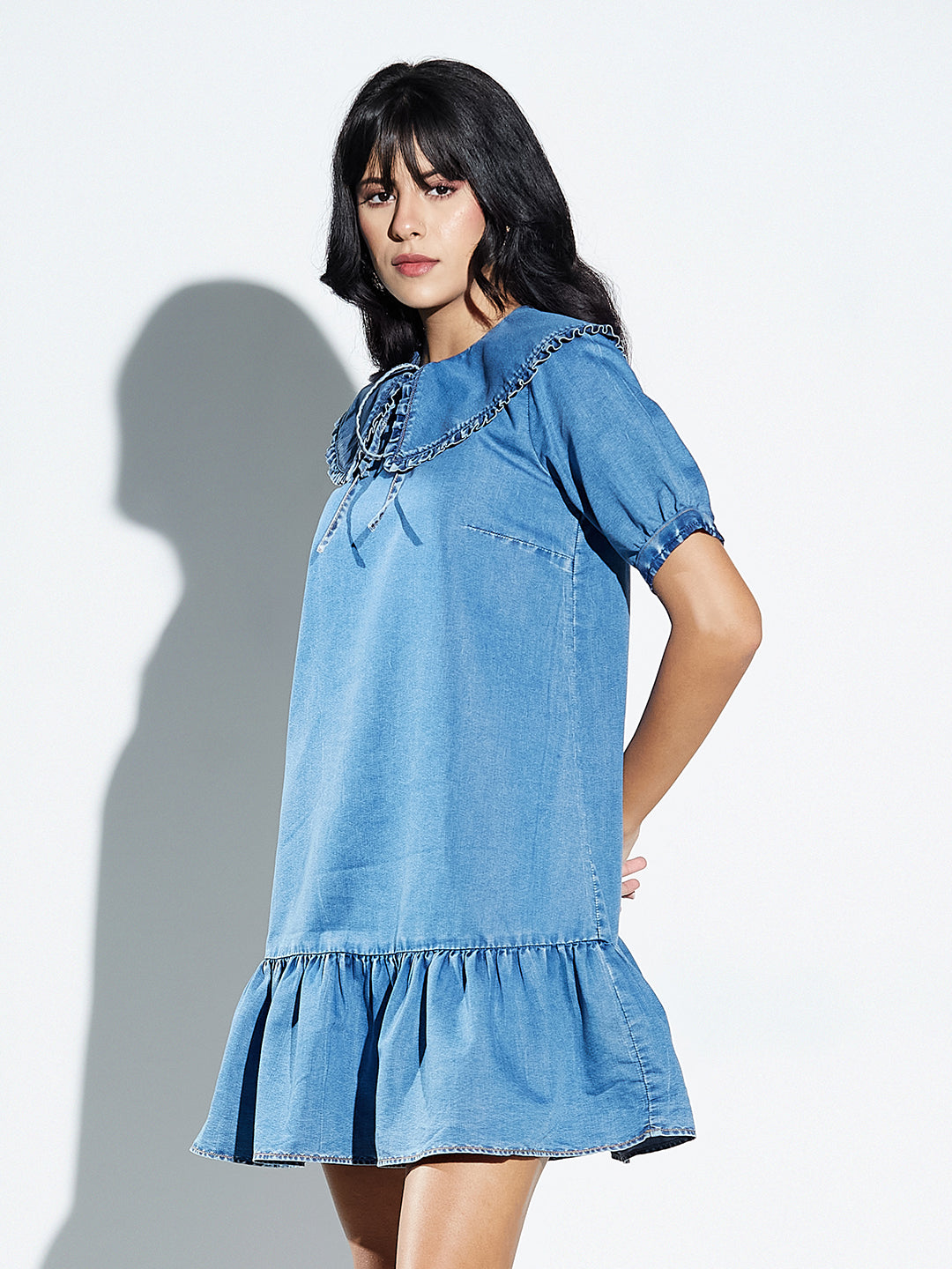 Mid Blue Peter Pan Collar With Mini Ruffles Puff Sleeves Solid A-Line Mini Gathered Dress Mini Denim Dress For Women — Miss Chase