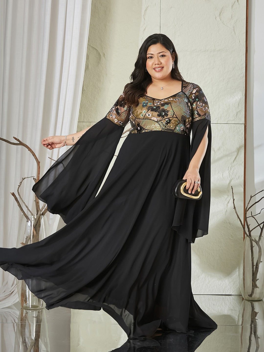 Black Sweet-Heart Full Sleeve Embellished Slit Sleeve Maxi Georgette Dress for Women
