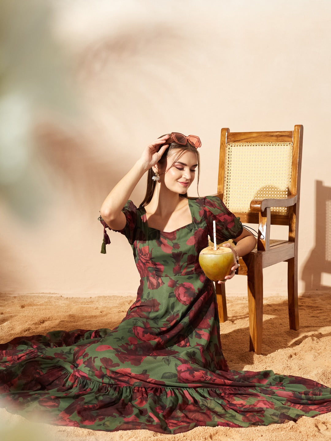 Olive And Wine Sweetheart Neck Puff Sleeve Floral Tiered Maxi Chiffon Dress for Women