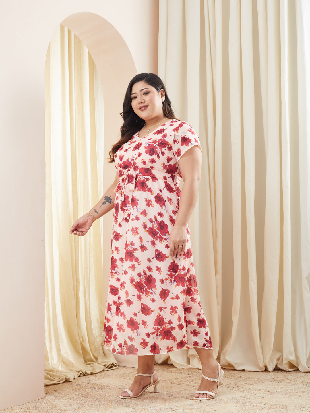 Multicolored-Base-Light Pink V-Neck Short Sleeved Floral Pleated Midi Dress for Women