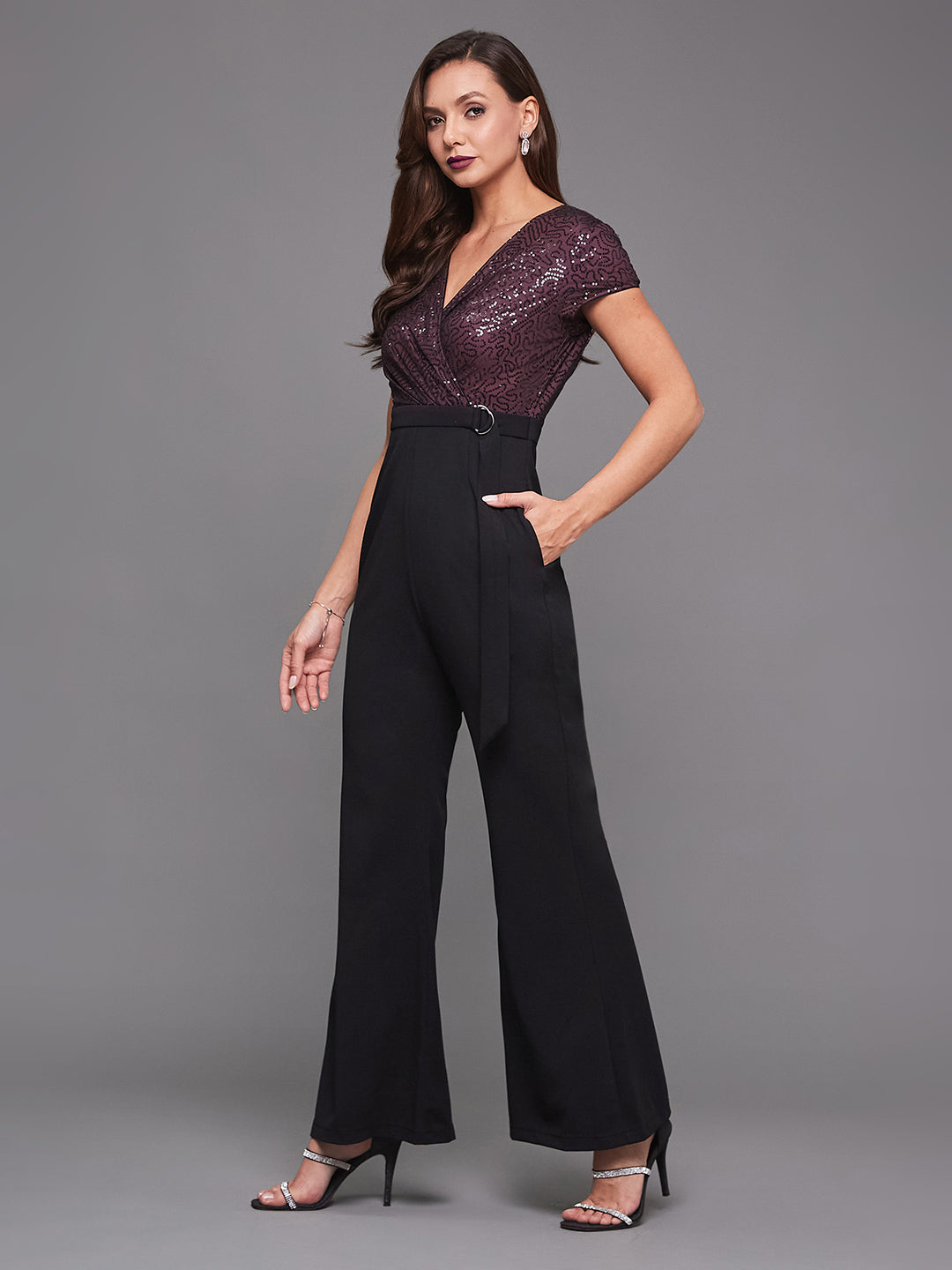 Women's Cocktail Black V-Neck Short Sleeve Sequined Wrap Party Jumpsuit