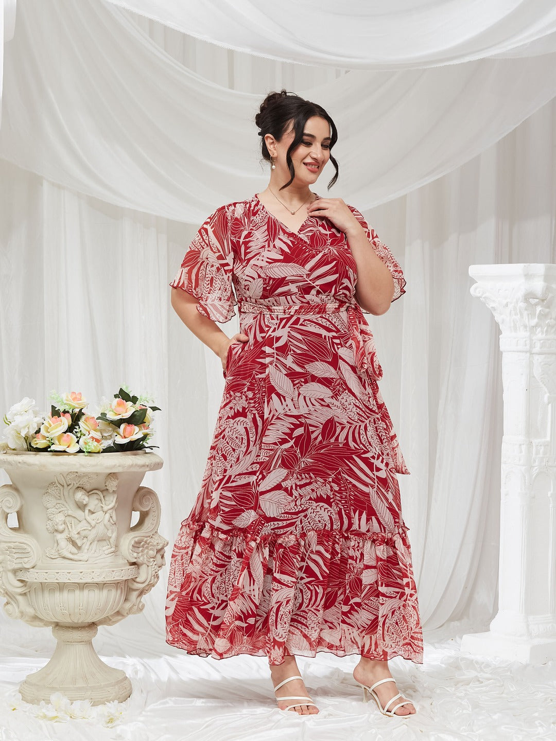 Maroon V Neck Flared Sleeve Floral Wrap Maxi Dress for Women