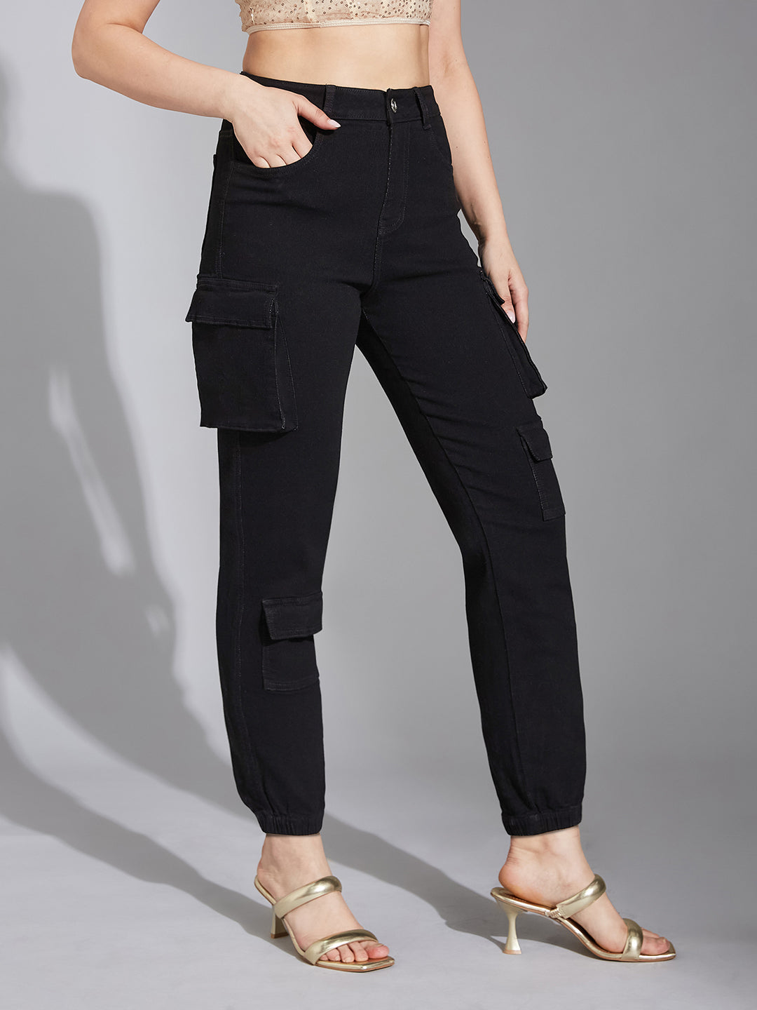 Black Regular High-Rise Regular Stretchable Denim Joggers for Women