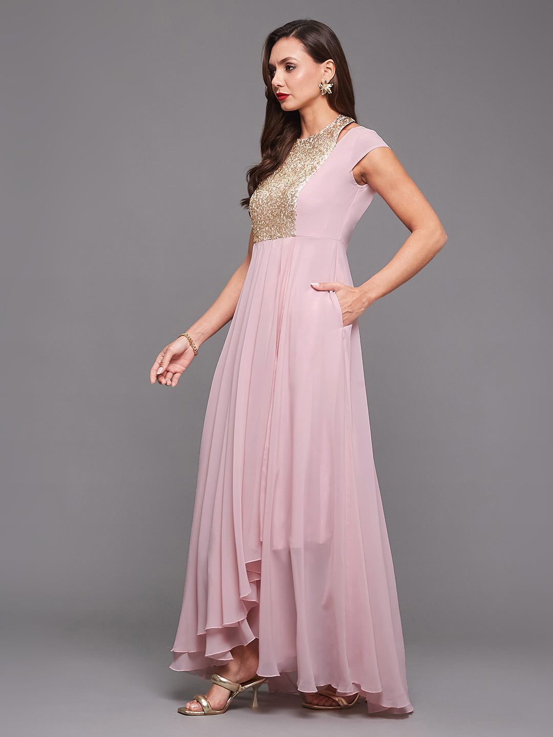 Women's Dusty Pink Round neck Cap Sleeve Sequined Party Maxi Dress