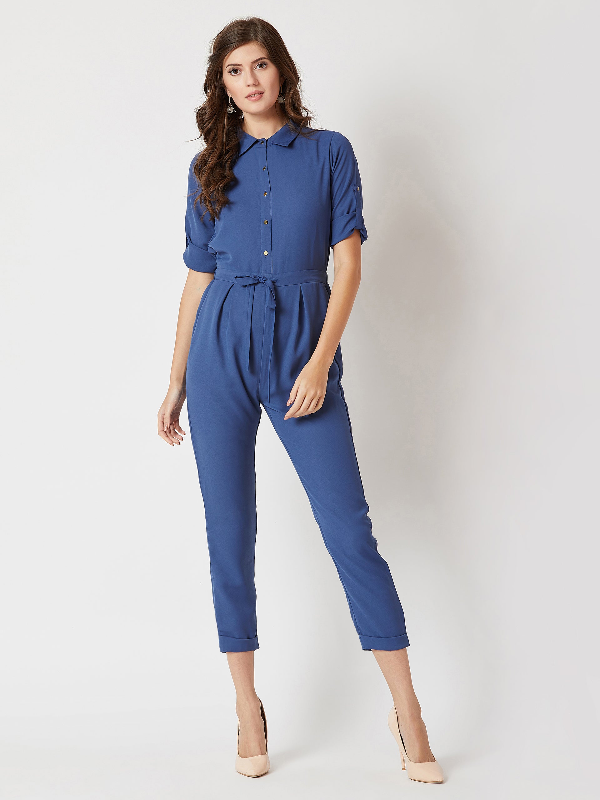 Azure Blue Collared 3/4 Sleeves Collared Tie-Up Detailing Solid Straight-Fit Leg Jumpsuit for Women