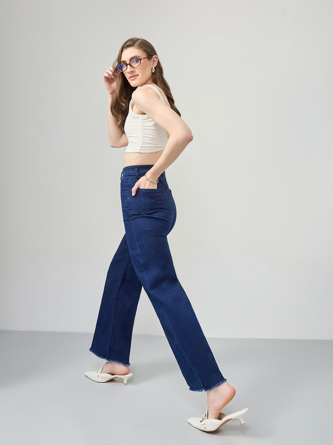 Navy Blue Wide-Leg High-Rise Stretchable Denim Jeans for Women