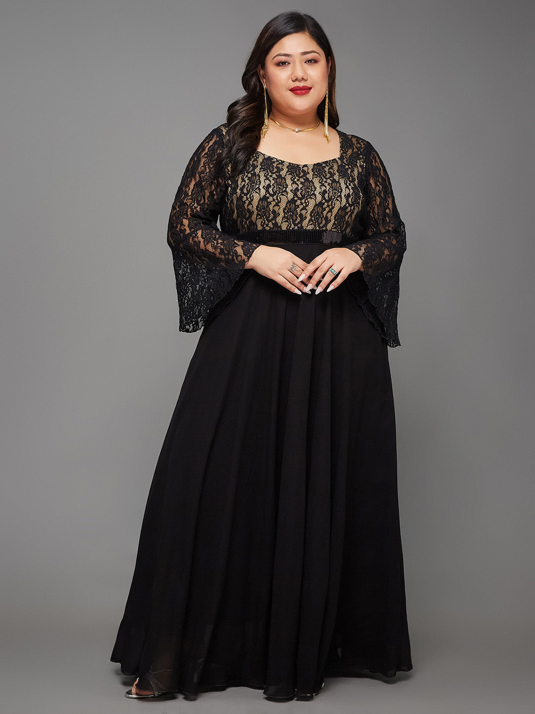 Black Sweetheart-Neck Full Sleeve Floral Lace-Overlaid Georgette Maxi Dress for Women