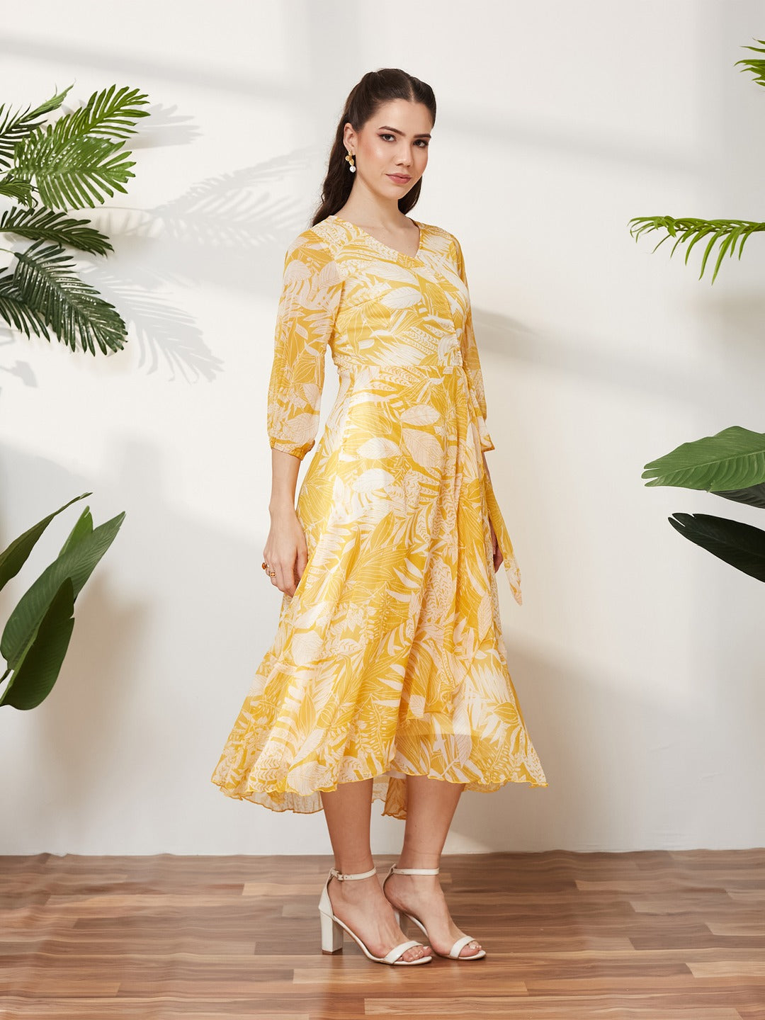 Yellow & White V neck Full sleeve Floral Layered Maxi Dress for Women