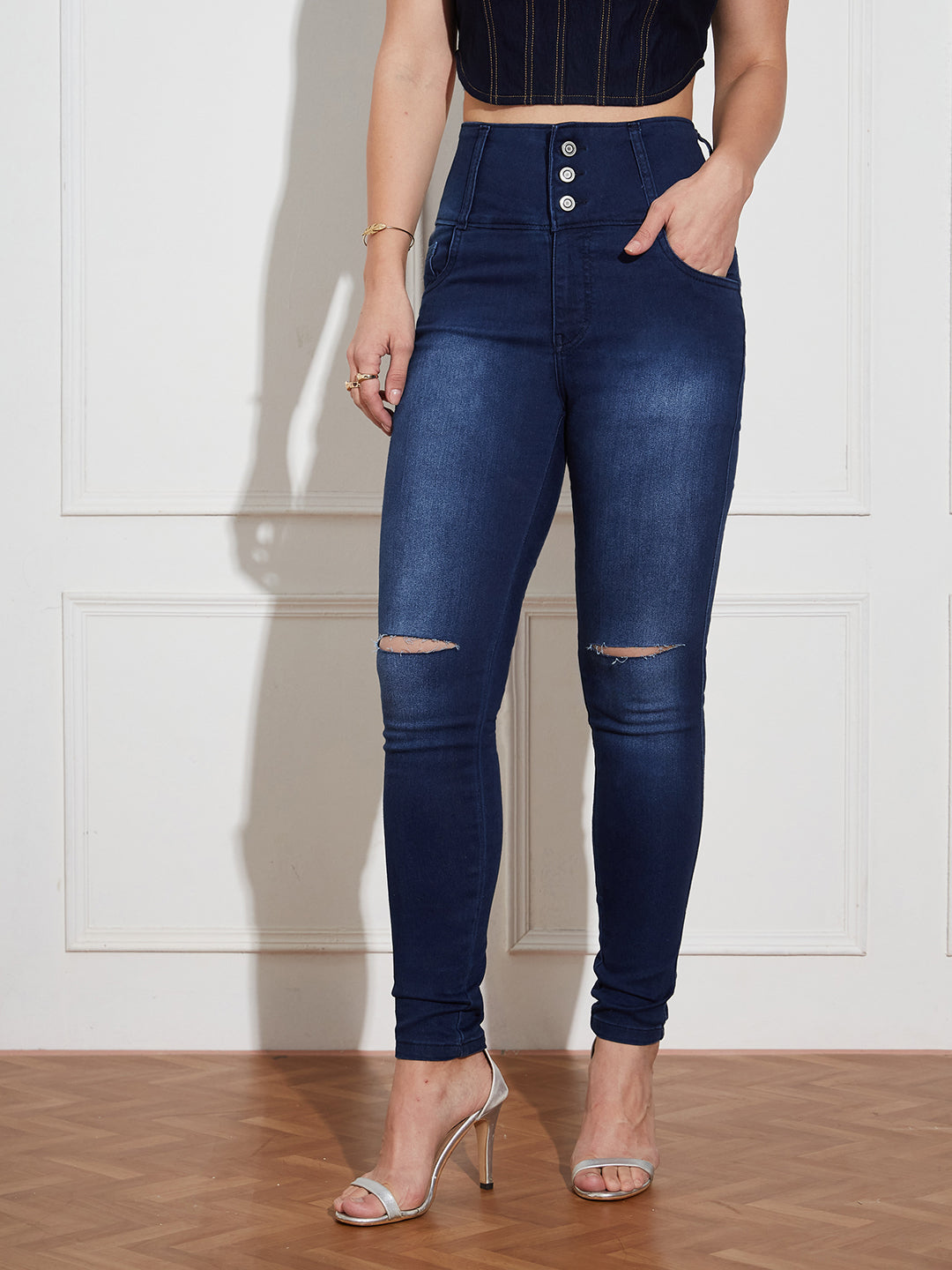 Women's Navy Blue Skinny Fit High Rise Clean Look Regular Length Double Knee Slit Stretchable High Waist Denim Jeans