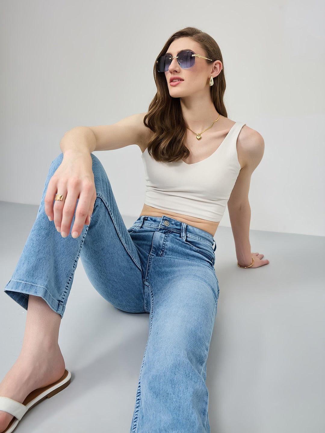 Light Blue Wide-Leg Fit high-rise Stretchable Denim Jeans for Women