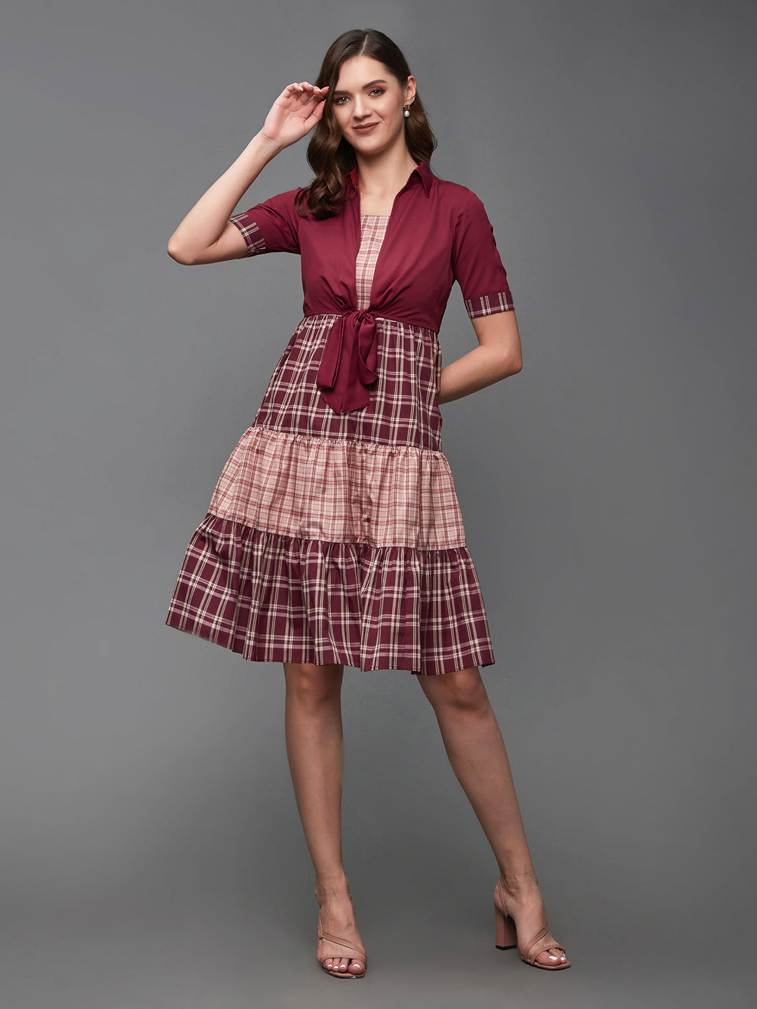 Women's Multicolored-Base-Maroon Checkered Shirt Collar Cuffed Sleeves Polyester Tiered Above-Knee Dress