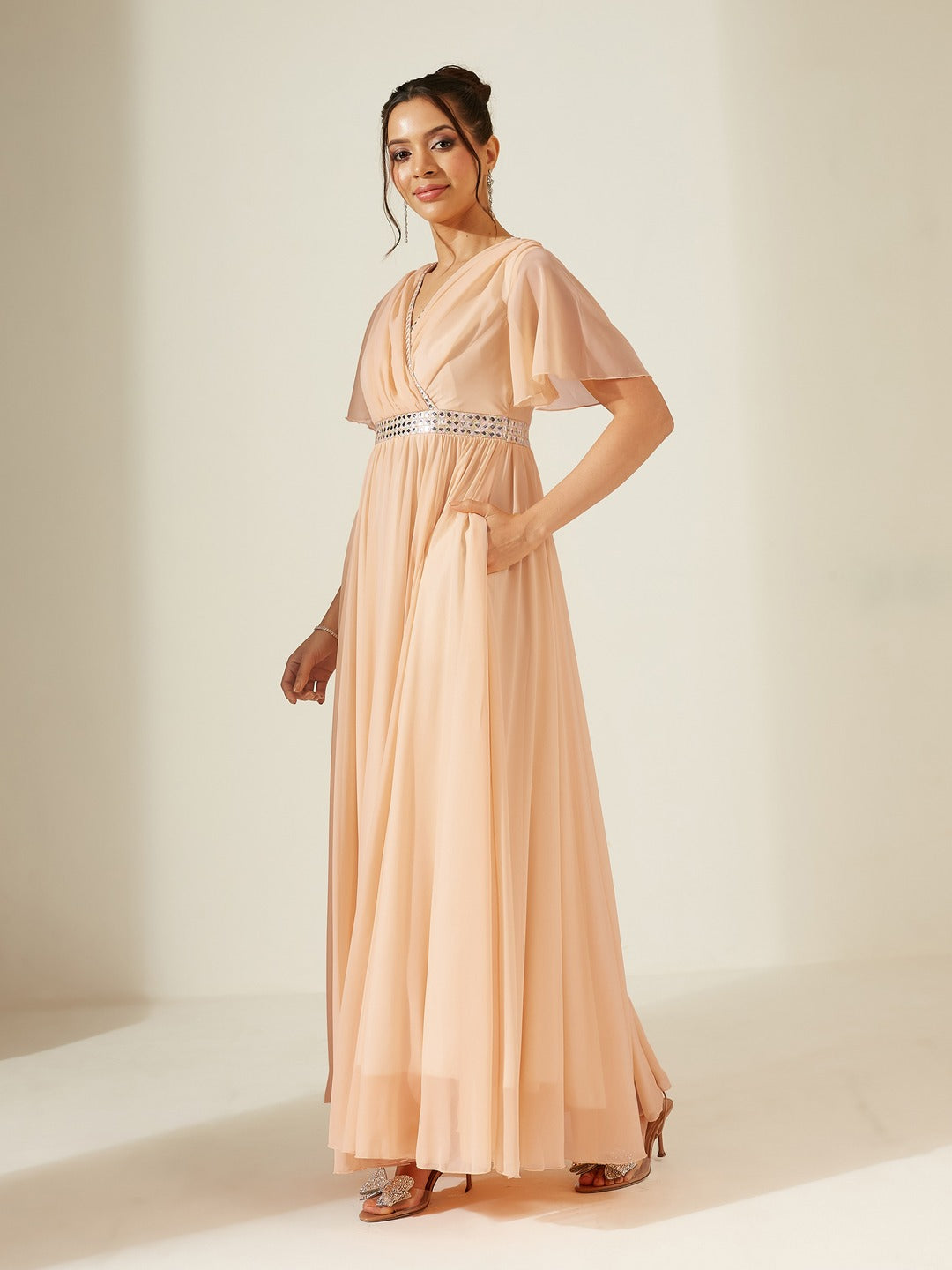 Peach V-Neck Flared/ Bell Sleeves Georgette Solid Fit & Flare Maxi Dress for Women