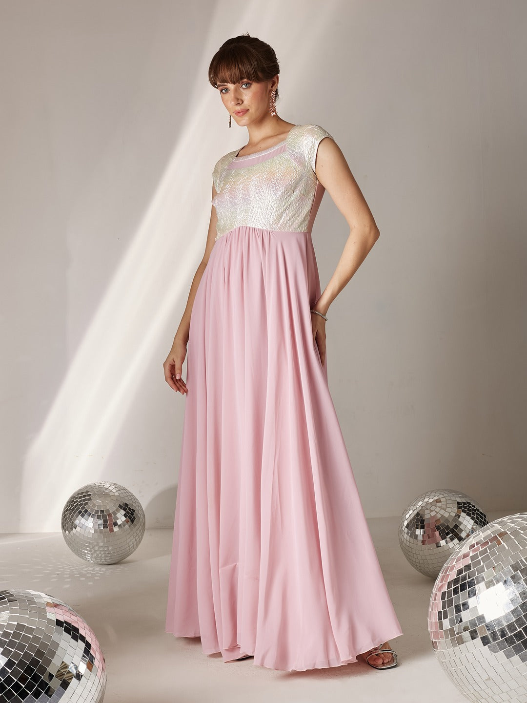 Dusty Pink Round Neck Raglan Sleeve Self-Designed Fit & Flare Georgette Maxi Dress for Women