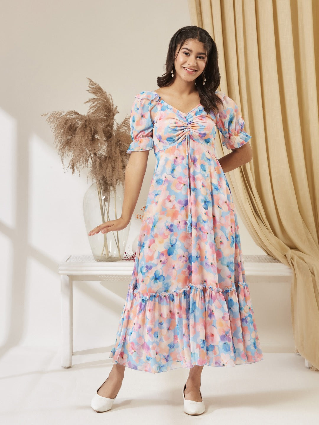 Sky Blue V-Neck Puff Sleeve Floral Ruching Ankle-Length Dress for Girls/Teenagers