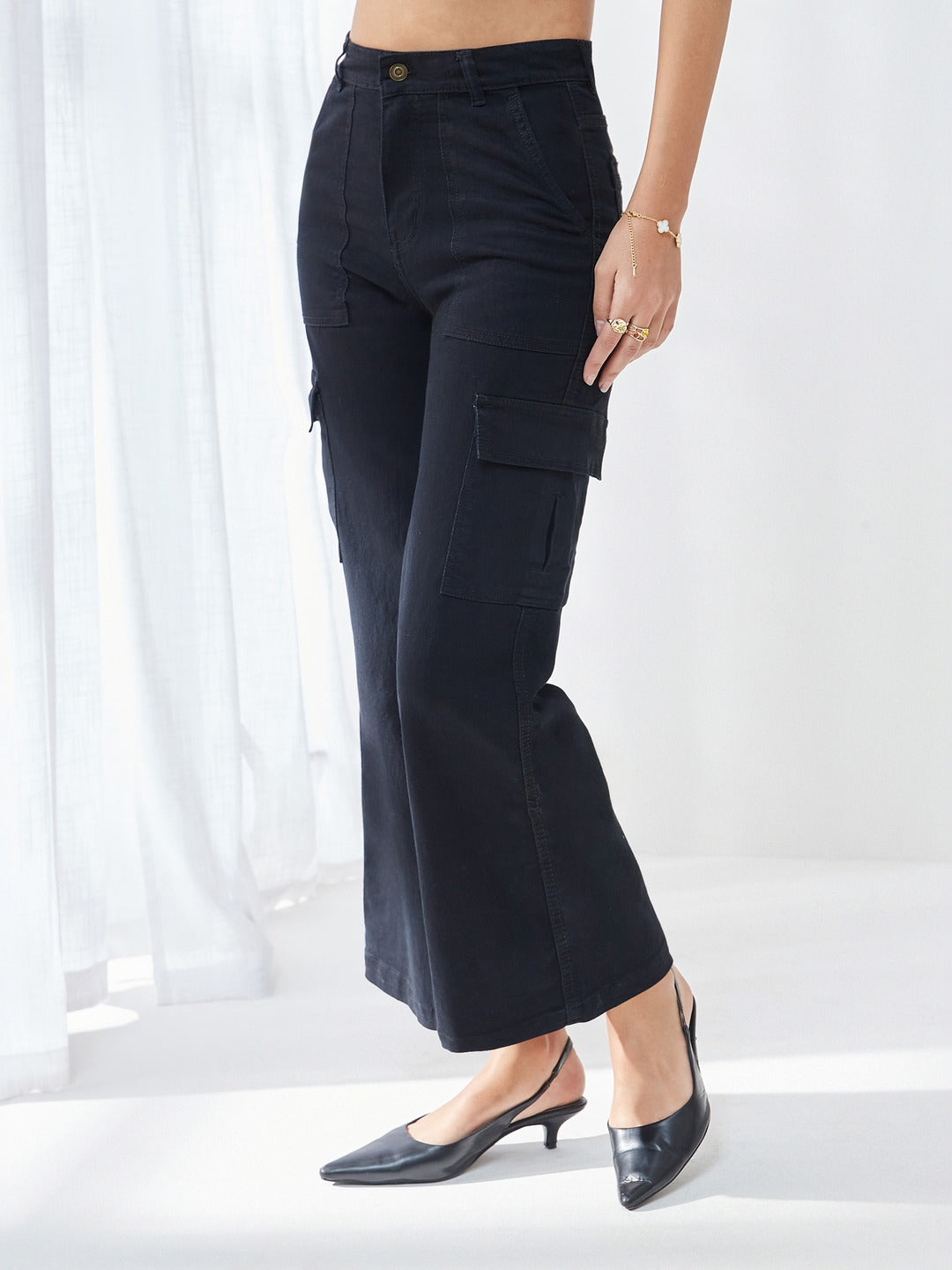 Black Wide leg High rise Regular Stretchable Denim Jeans for Women