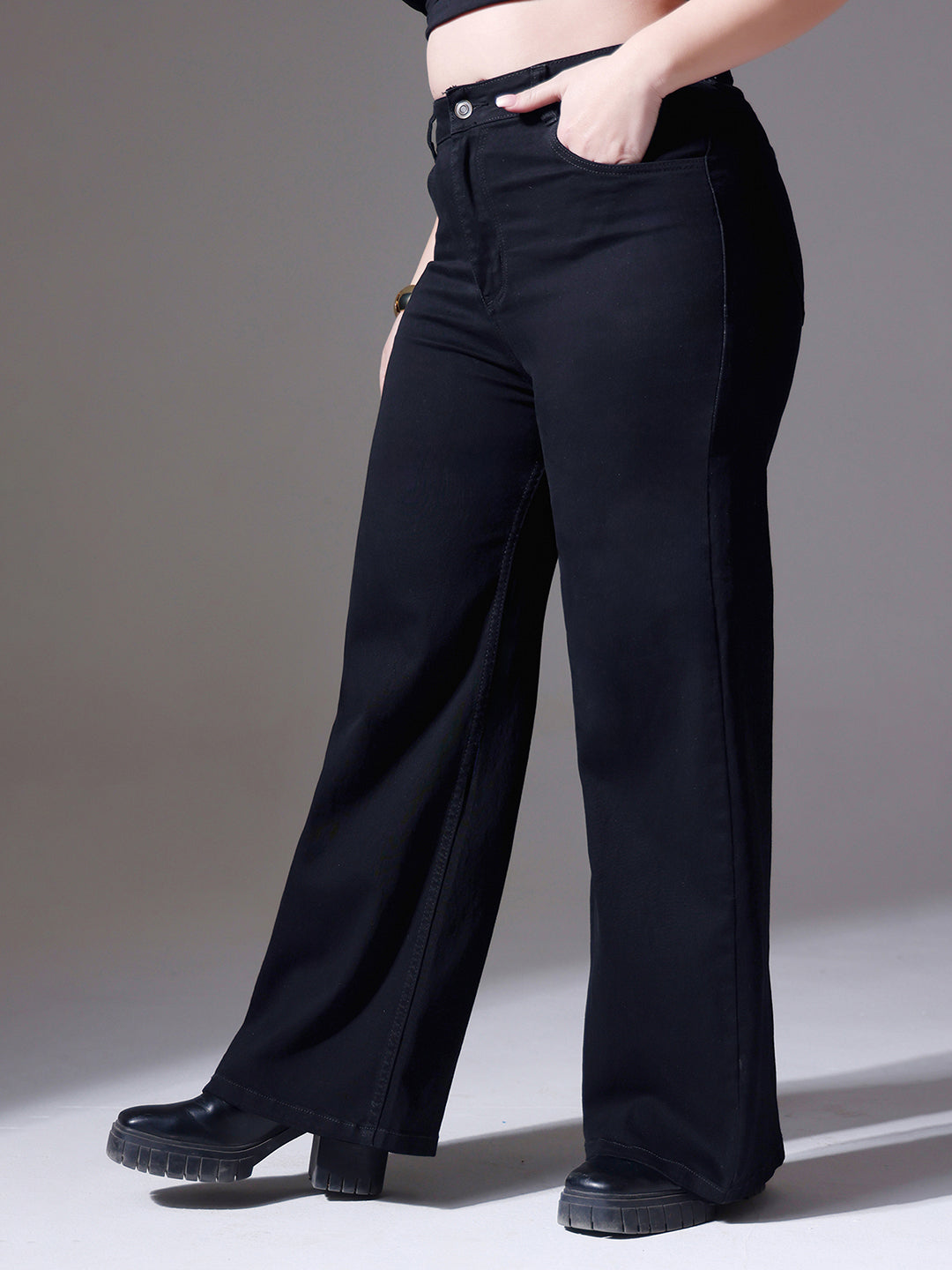 Women's Black Wide-Leg High-Rise Clean-Look Stretchable Denim Jeans