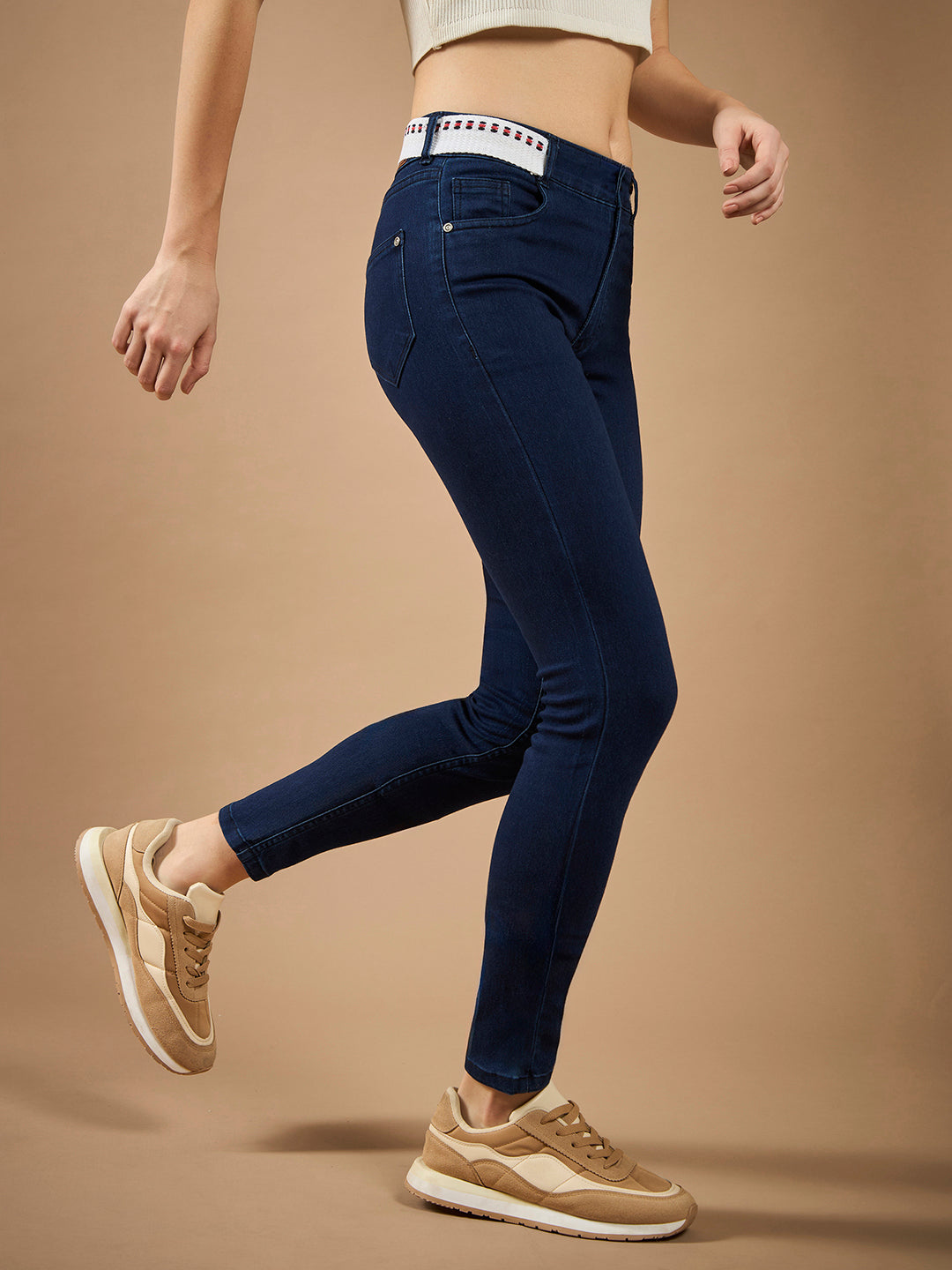 Women's Navy Blue Skinny-Fit Mid-Rise Regular-Length Twill Tape Detailing Denim Stretchable Jeans