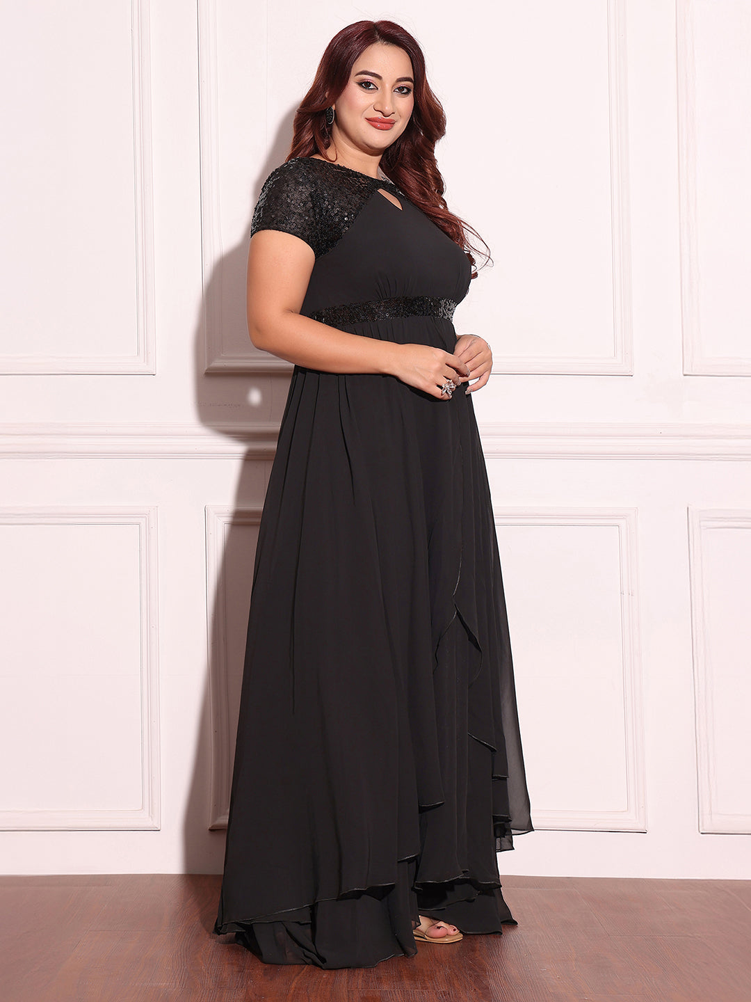 Women's Black Keyhole-Neck Short-Sleeved Embellished Layered Georgette Maxi Dress
