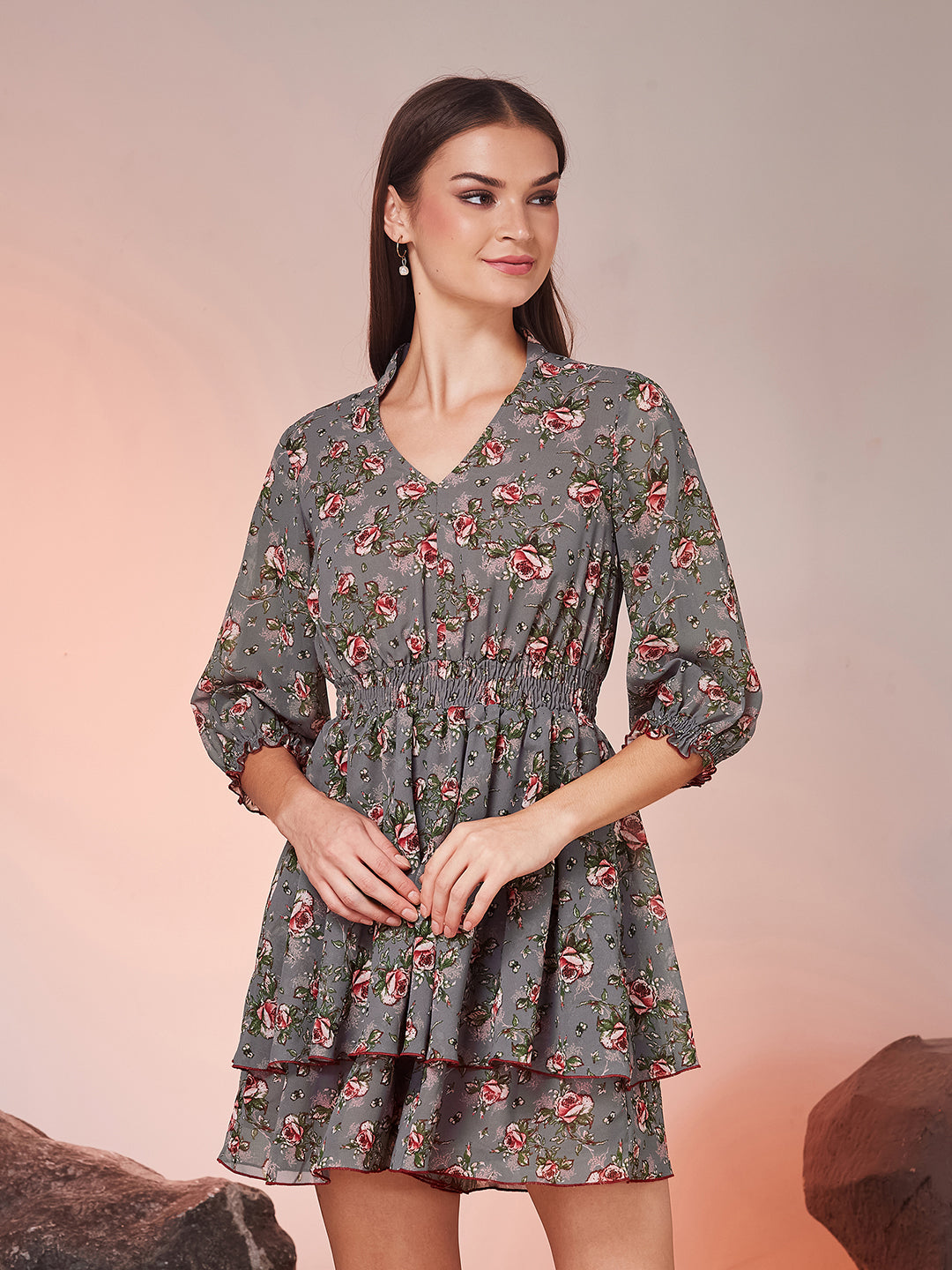 Women’s Multicolored Base Grey Mandarin Collar Full-Sleeved Floral Layered Knee-Long Georgette Playsuit for Women — Miss Chase
