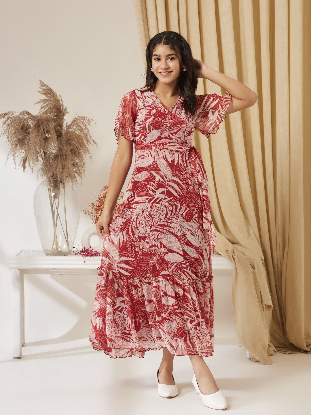 Maroon V Neck Flared Sleeve Floral Wrap Maxi Dress for Girls/Teenagers
