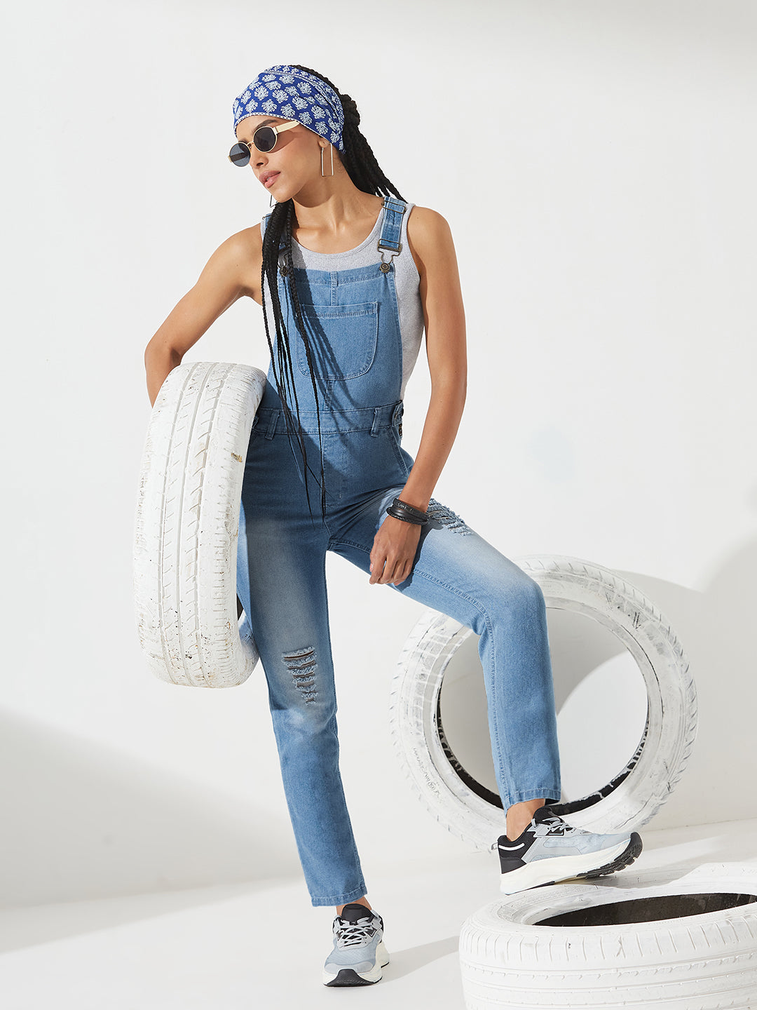 Light Blue Regular Fit Mid-Rise Ripped Denim Dungaree for Women