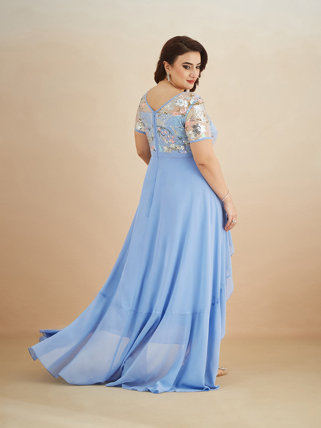 Multicolored-Base-Sky Blue Round Neck Short Sleeve Floral Layered Georgette Midi Dress for Women — Miss Chase A+