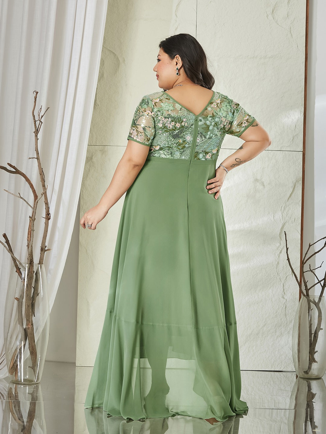 Light Green Embellished Layered Georgette Midi Dress for Women