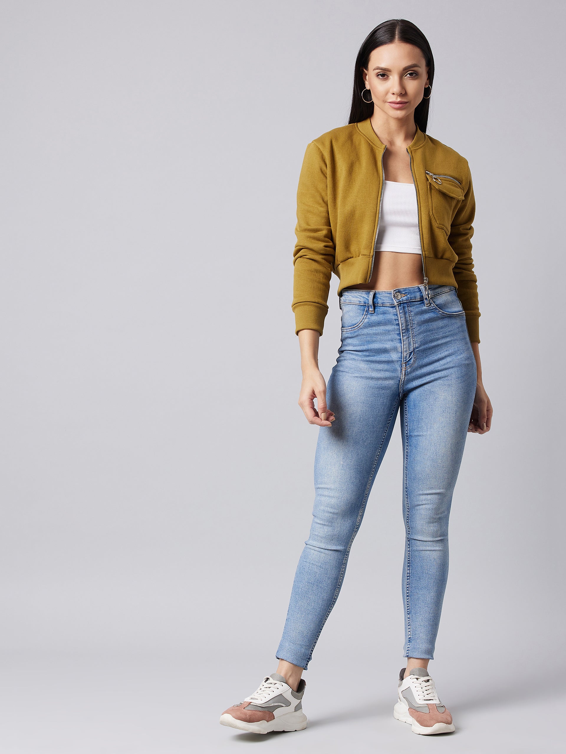 Women's Olive Stand Collar Full Sleeve Solid Boxy/Bomber Crop Jacket