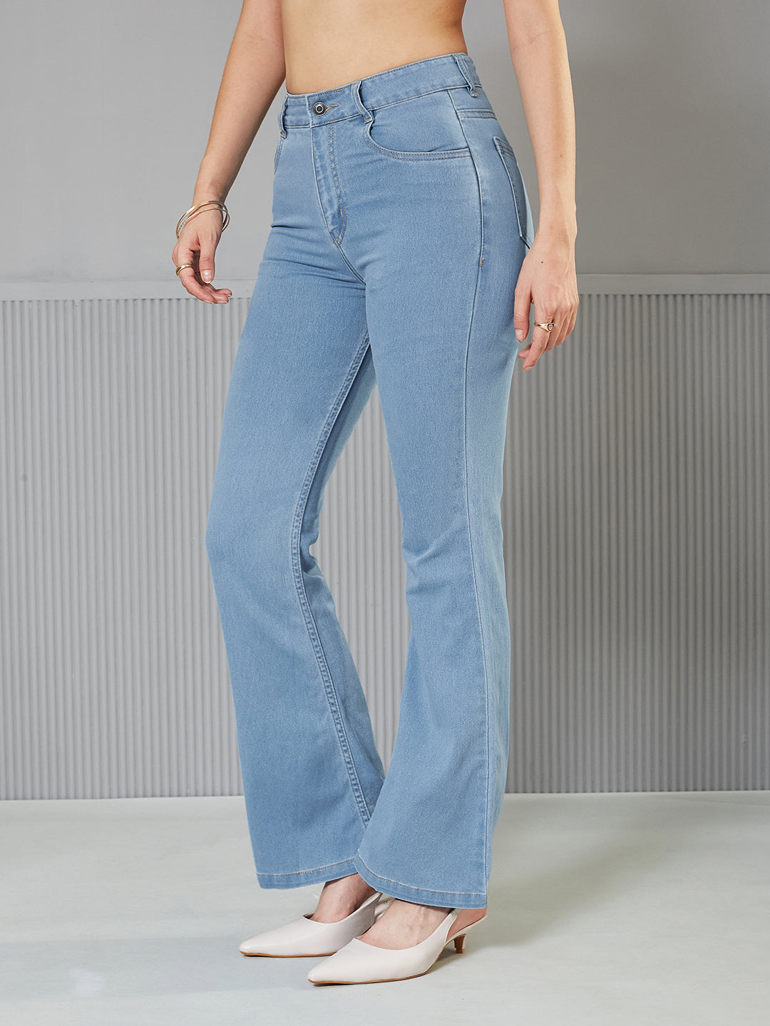 Women's Light Blue Bootcut High-Rise clean-look Regular Stretchable Denim Jeans