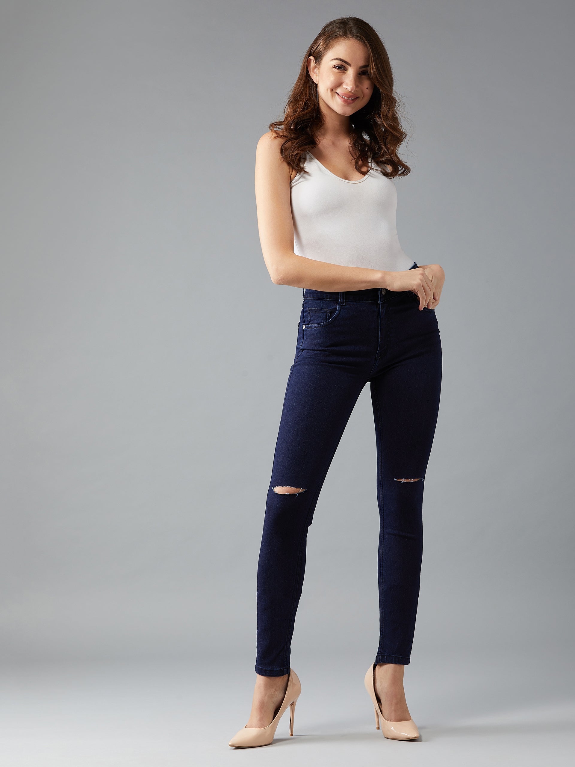 Women's Navy Blue Skinny Fit High Rise Regular Length Clean Look Knee Slit Denim Stretchable Jeans