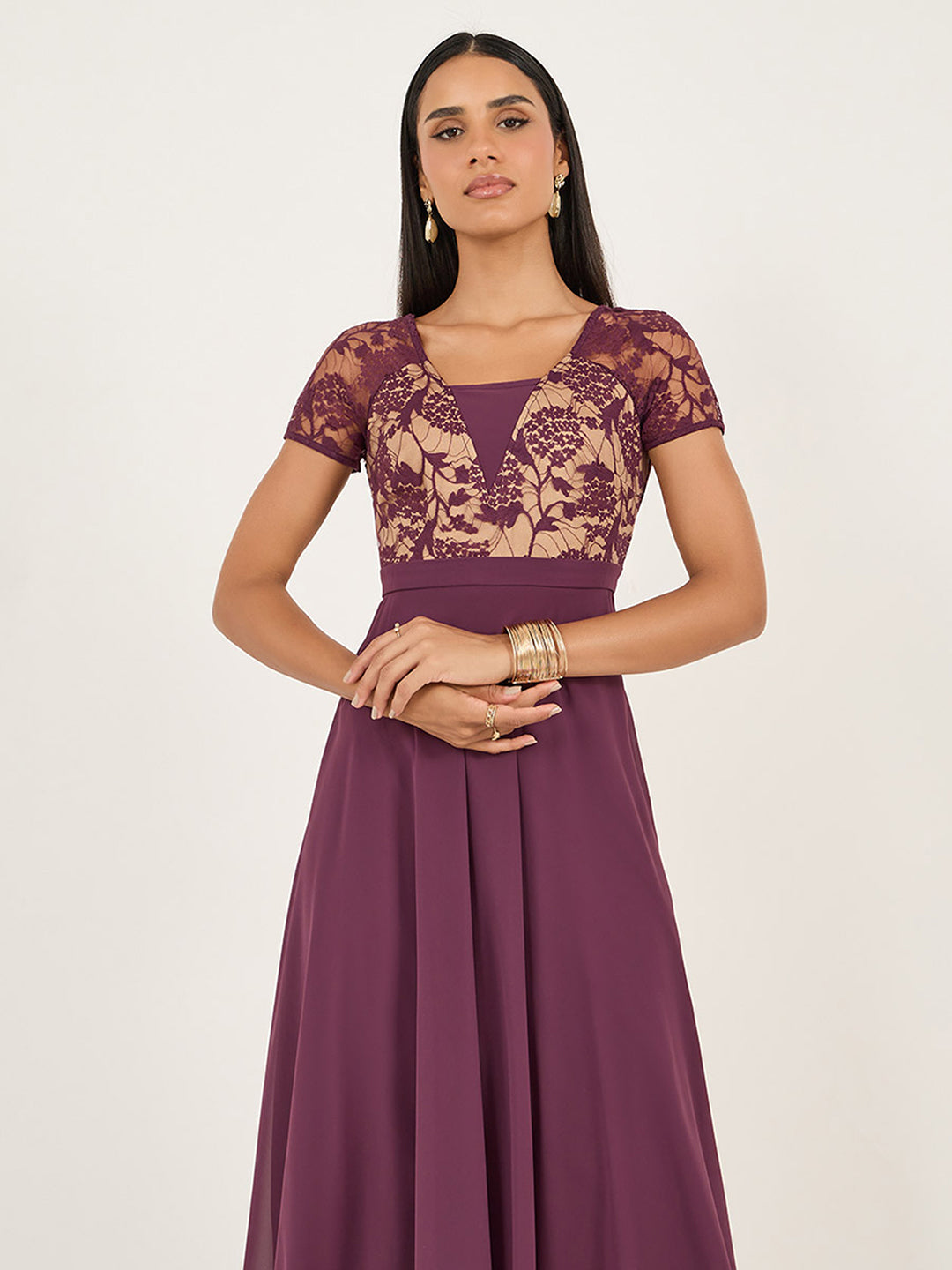 Women's Mauve Square-Neck Raglan-Sleeve Self-Designed Flared Georgette Maxi Dress