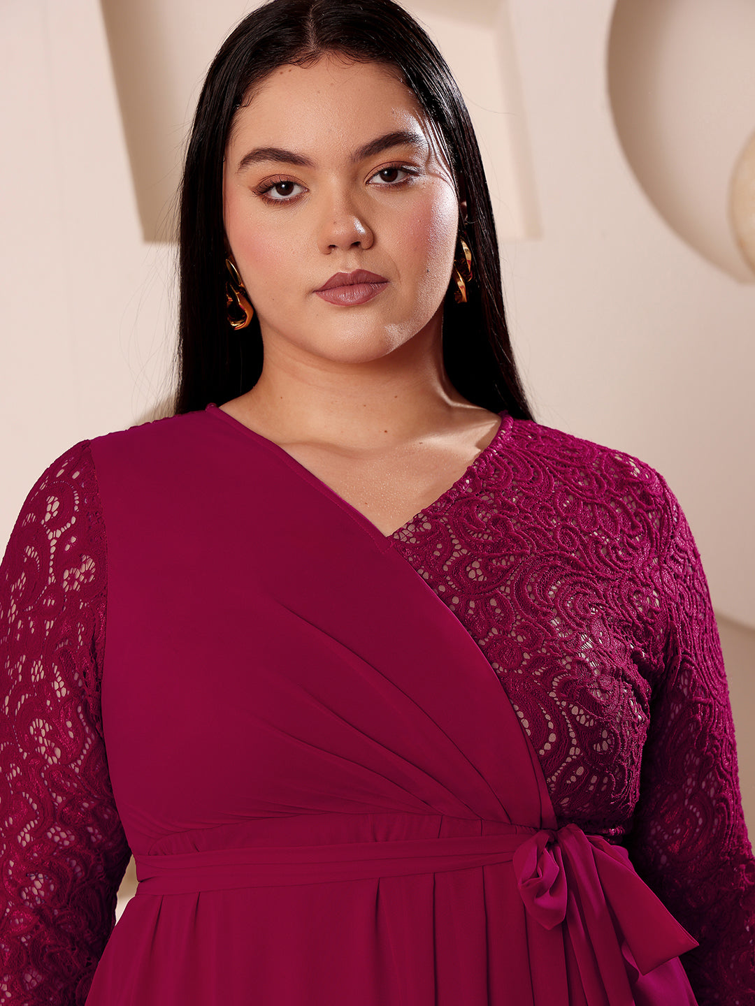Body Bliss Dark Pink Colored V-Neck Three-Quarter Sleeve Self-Designed Wrap Maxi Georgette Dress