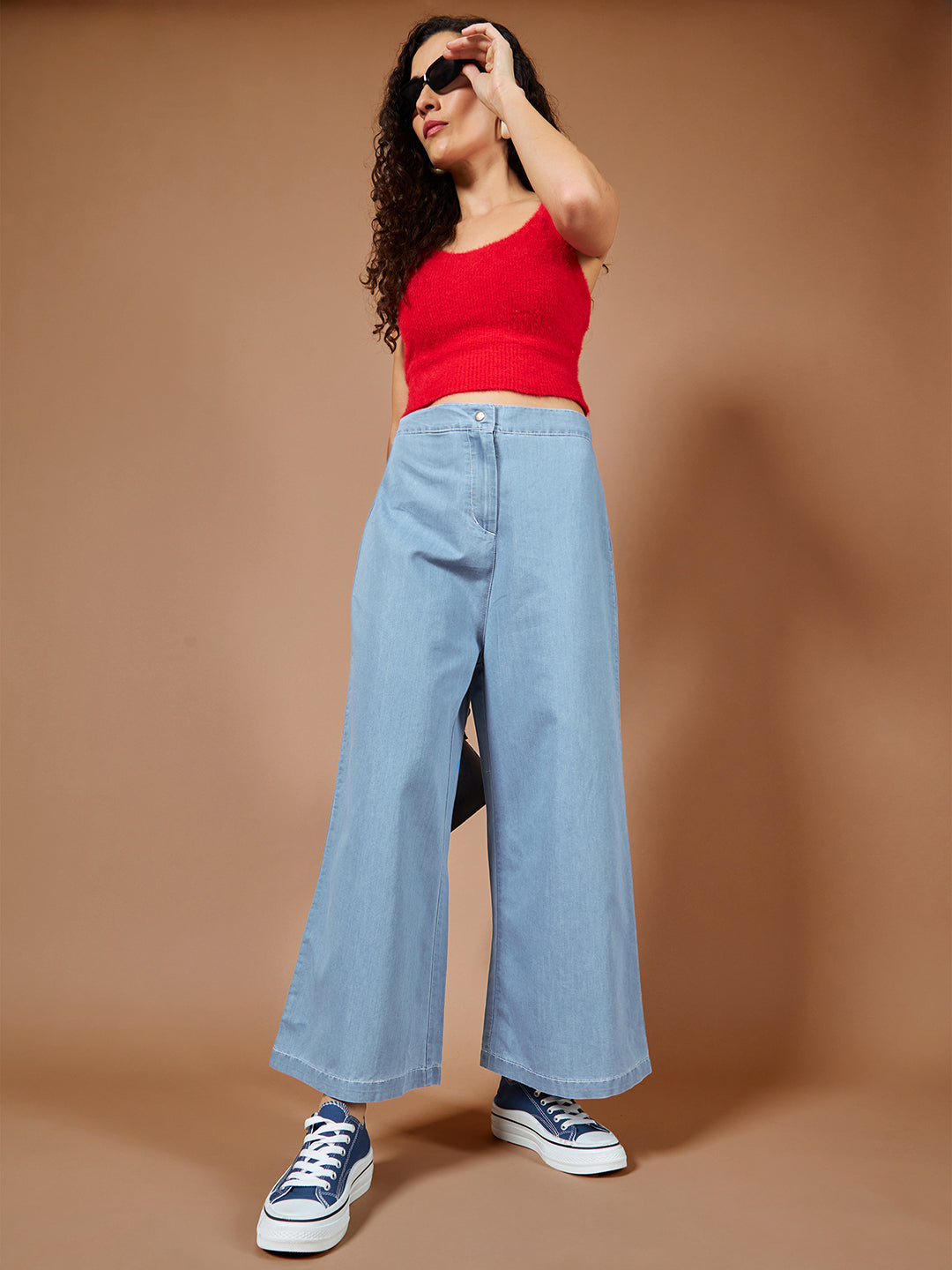 Women's Blue Wide-Leg High Rise Denim Culottes Pants