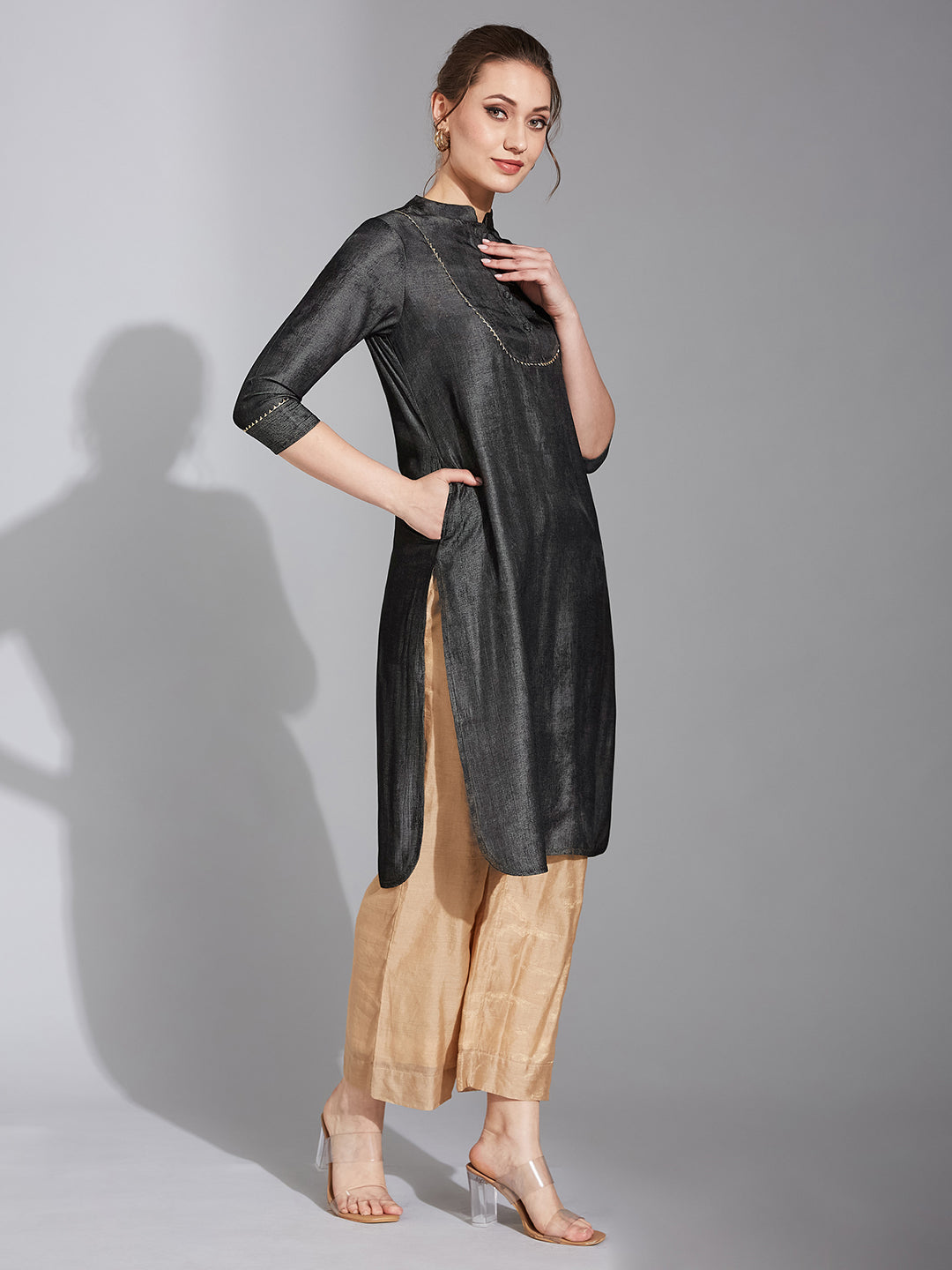 Women's Black Chinese Collar 3/4 Sleeve Solid Knee-Long Polyester Straight Kurta