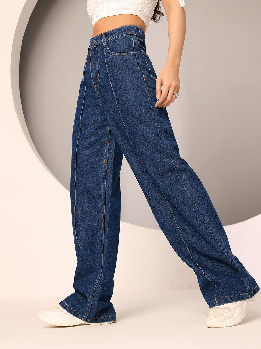 Women's Navy Blue Wide-Leg High-Rise Clean-Look Regular-Length Non-stretchable Denim Jeans