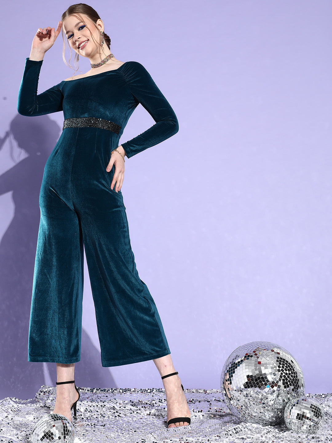 Teal-Colored One Shoulder Full Sleeve Solid Asymmetric Regular-Length Velvet Jumpsuit for Women