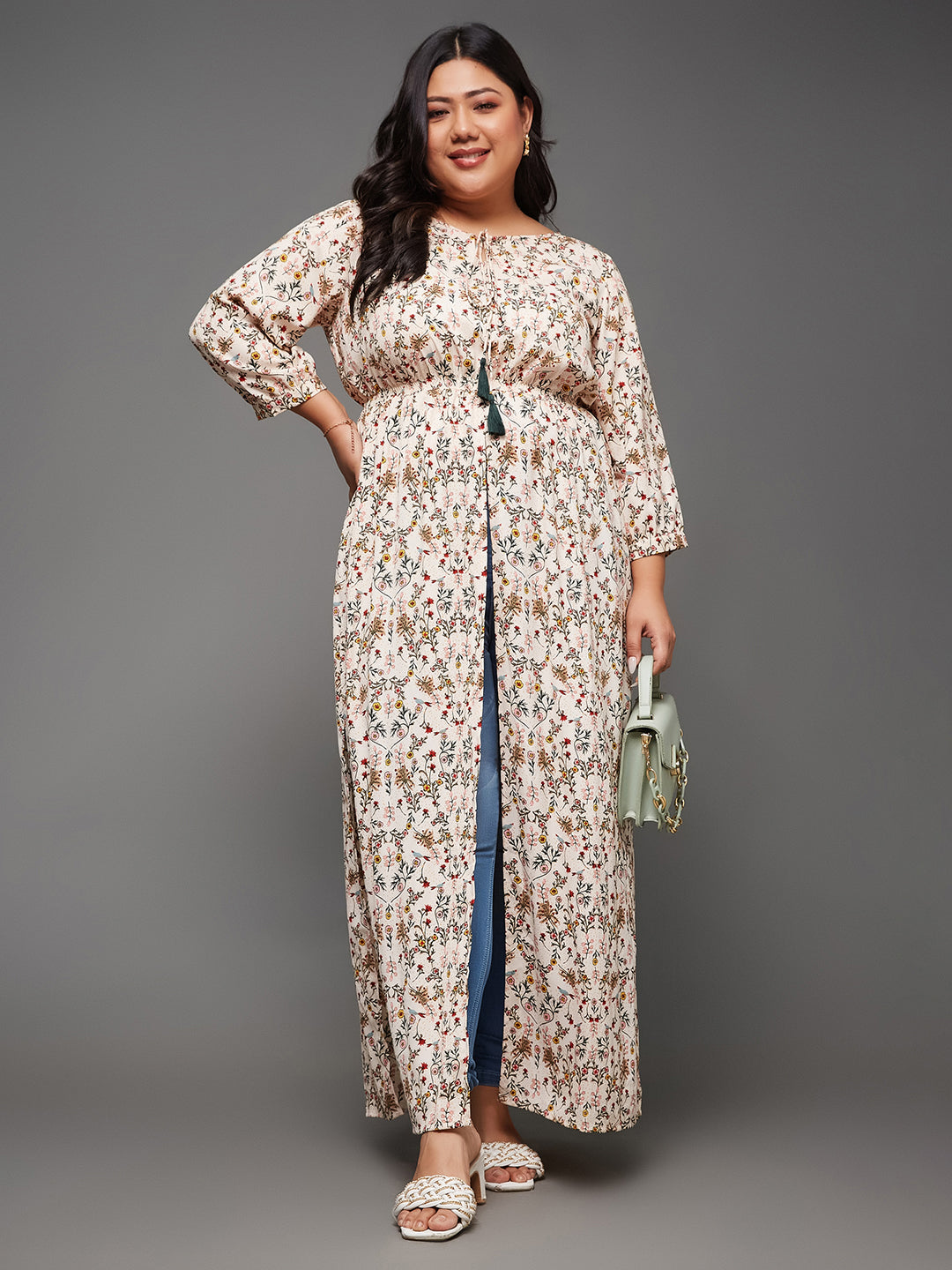 Multicolored Round Neck 3/4 Sleeve Floral Tie-Up Tassel Detailing Front Slit Maxi Top for Women