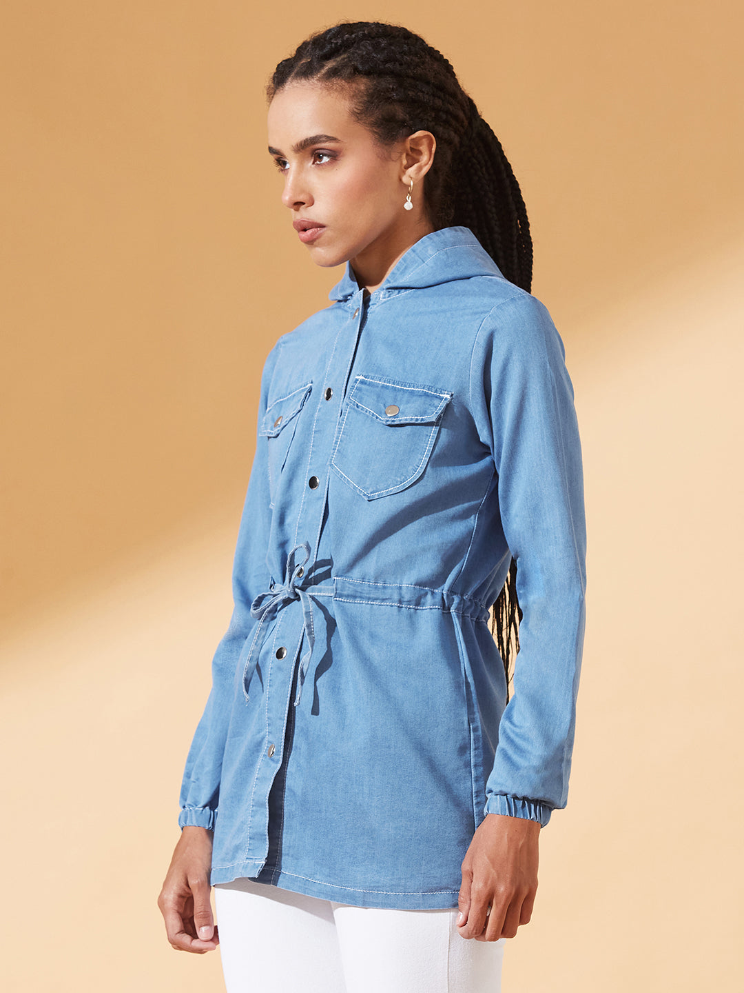 Light-Blue Round Neck Full Sleeve Solid Long hoodie with tie-up Regular Jacket for Women