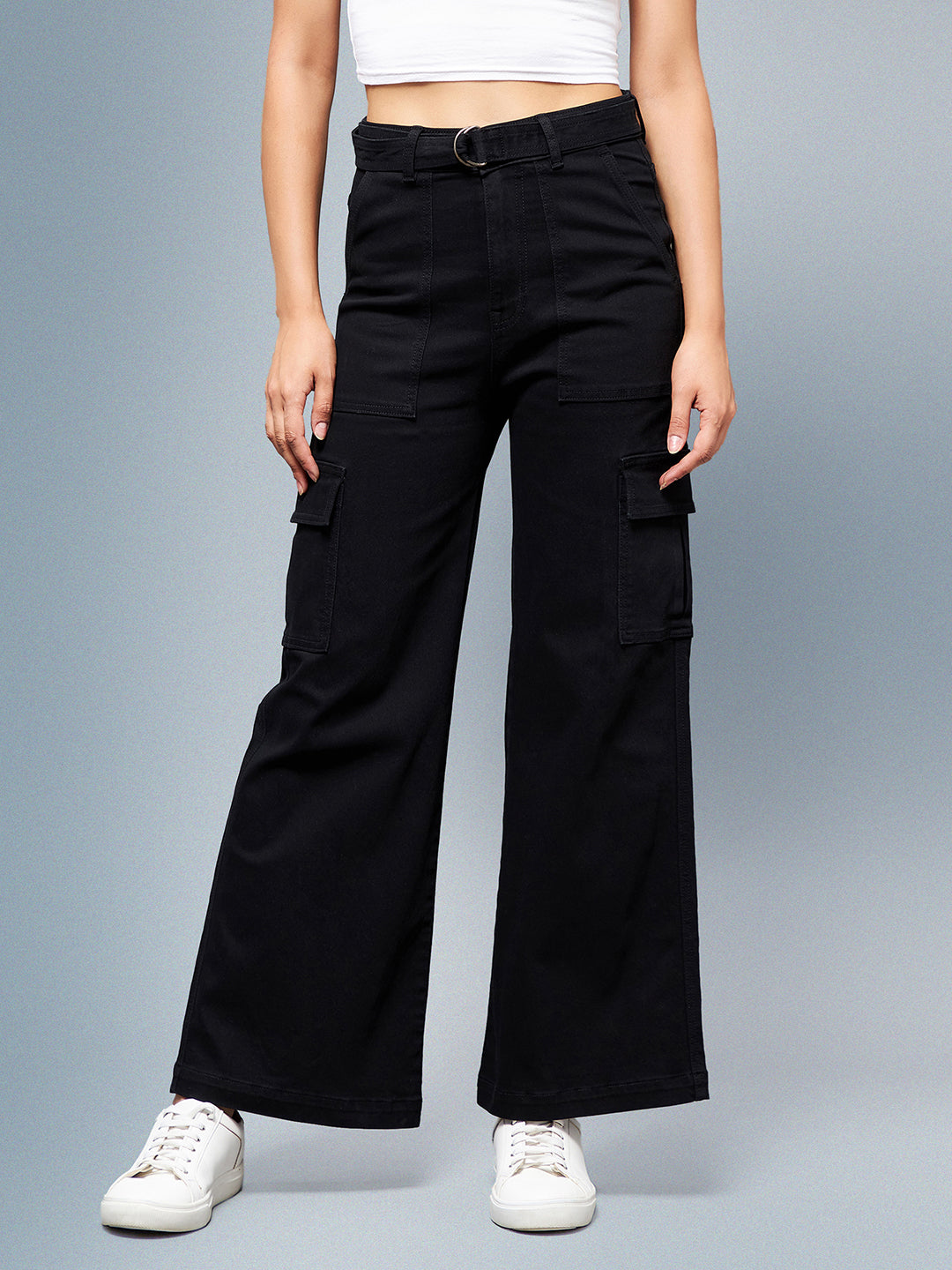 24/7 Comfort Women's Black Wide leg High rise Clean look Regular Stretchable Denim Jeans