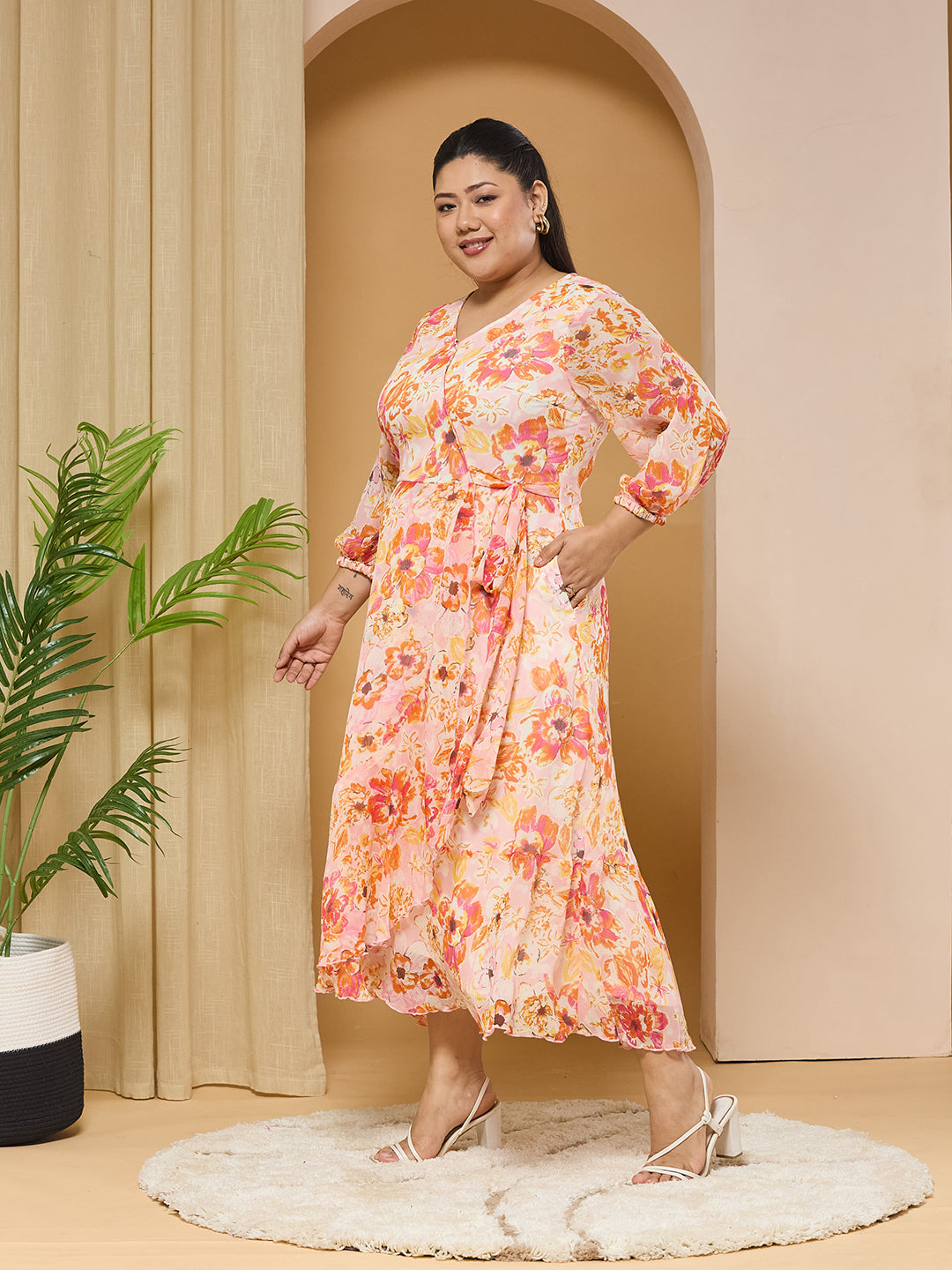 Pink & Orange V-Neck Bishop Floral Layered Chiffon Maxi Dress for Women