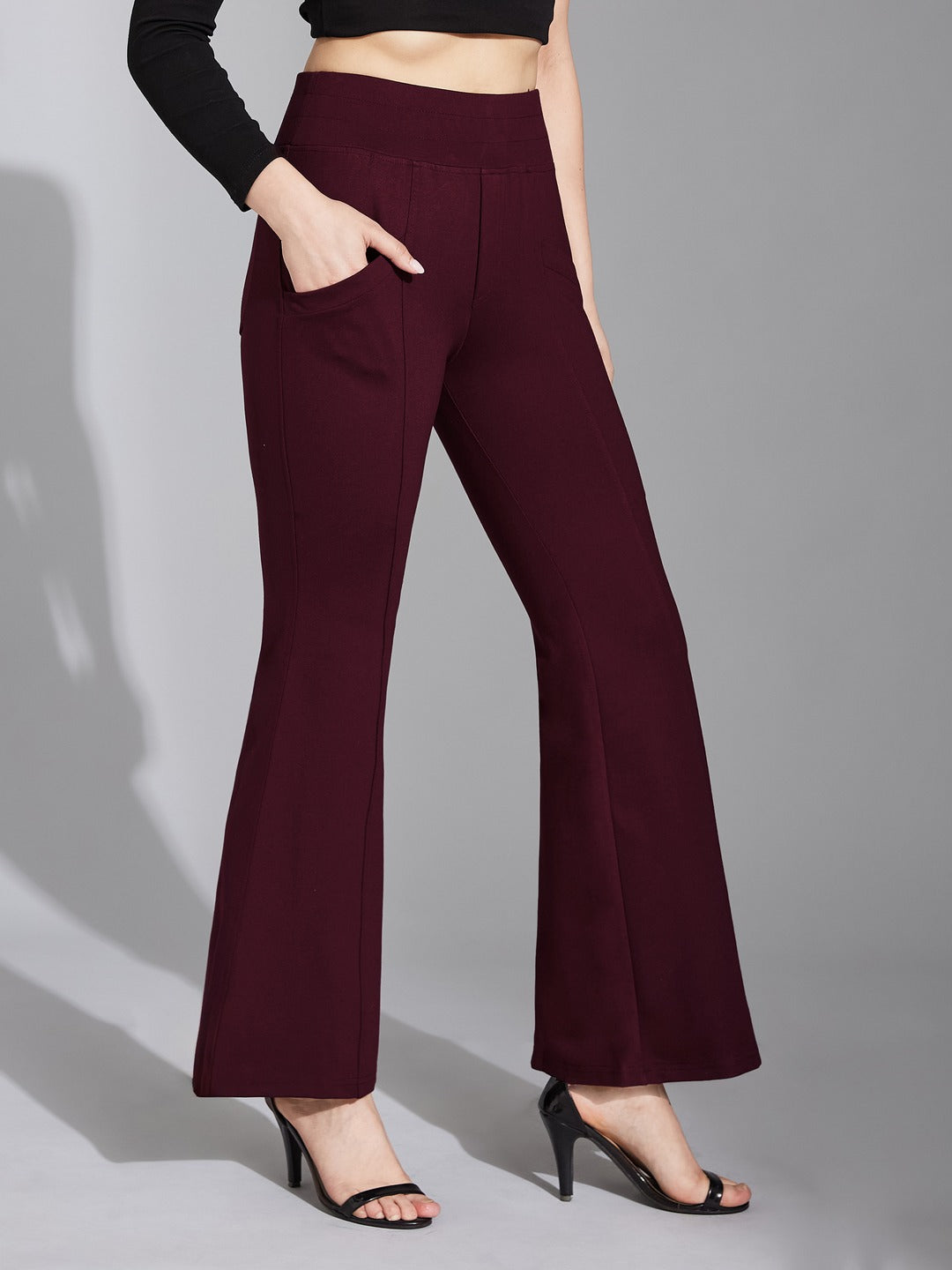 Wine Regular-Length Viscose Rayon Bootcut Trouser for Women