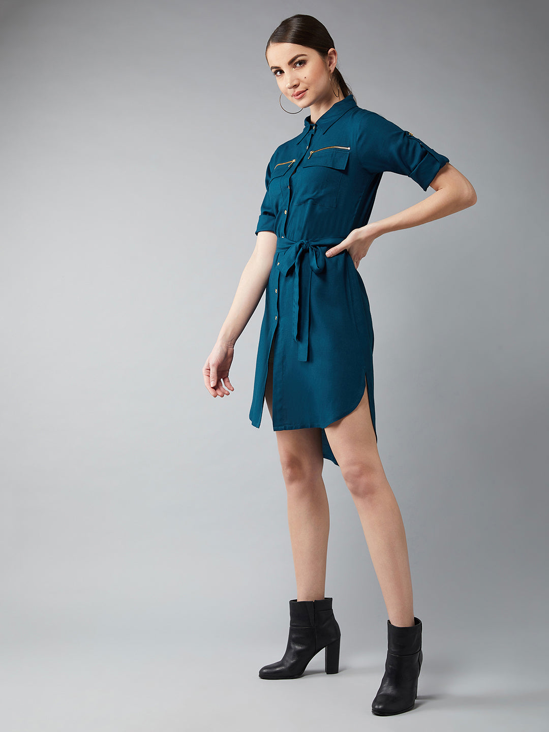 Women's Teal Collared Three-Fourth Sleeved Solid Knee-Length Shirt Dress