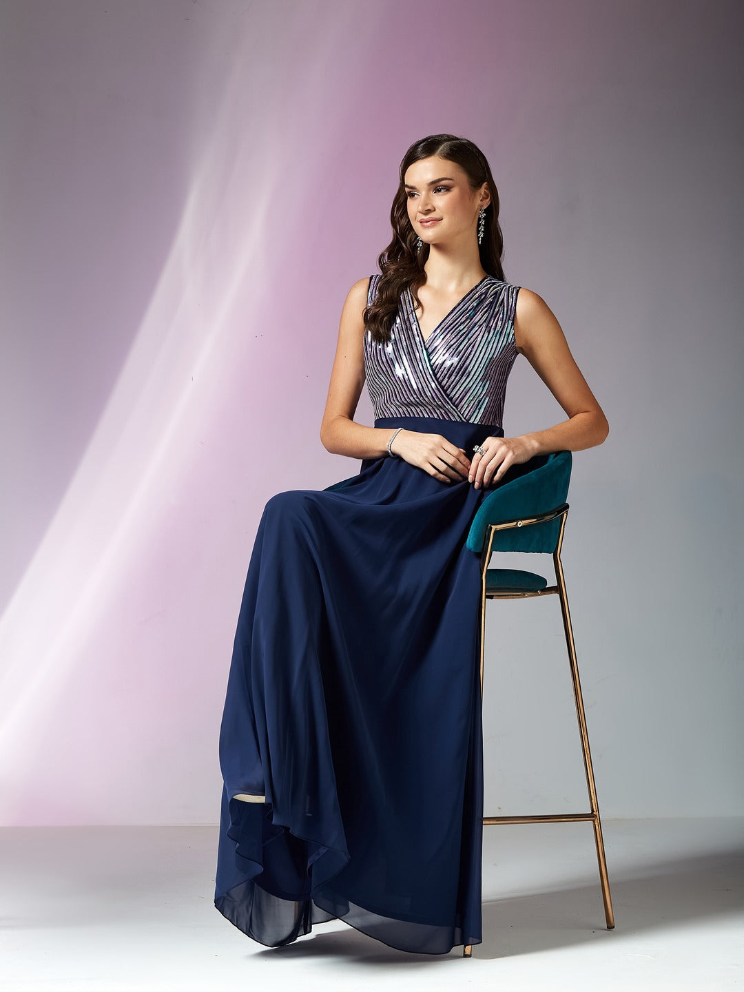 Navy Blue V-Neck Sleeveless Embellished Wrap Maxi Georgette Dress for Women