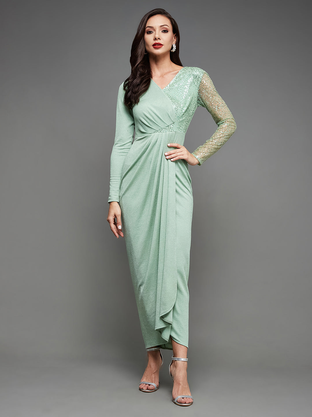 Crease Ease Cocktail Women's Mint Embellished V-Neck Full Sleeve Pleated Slim Fit Maxi Dress