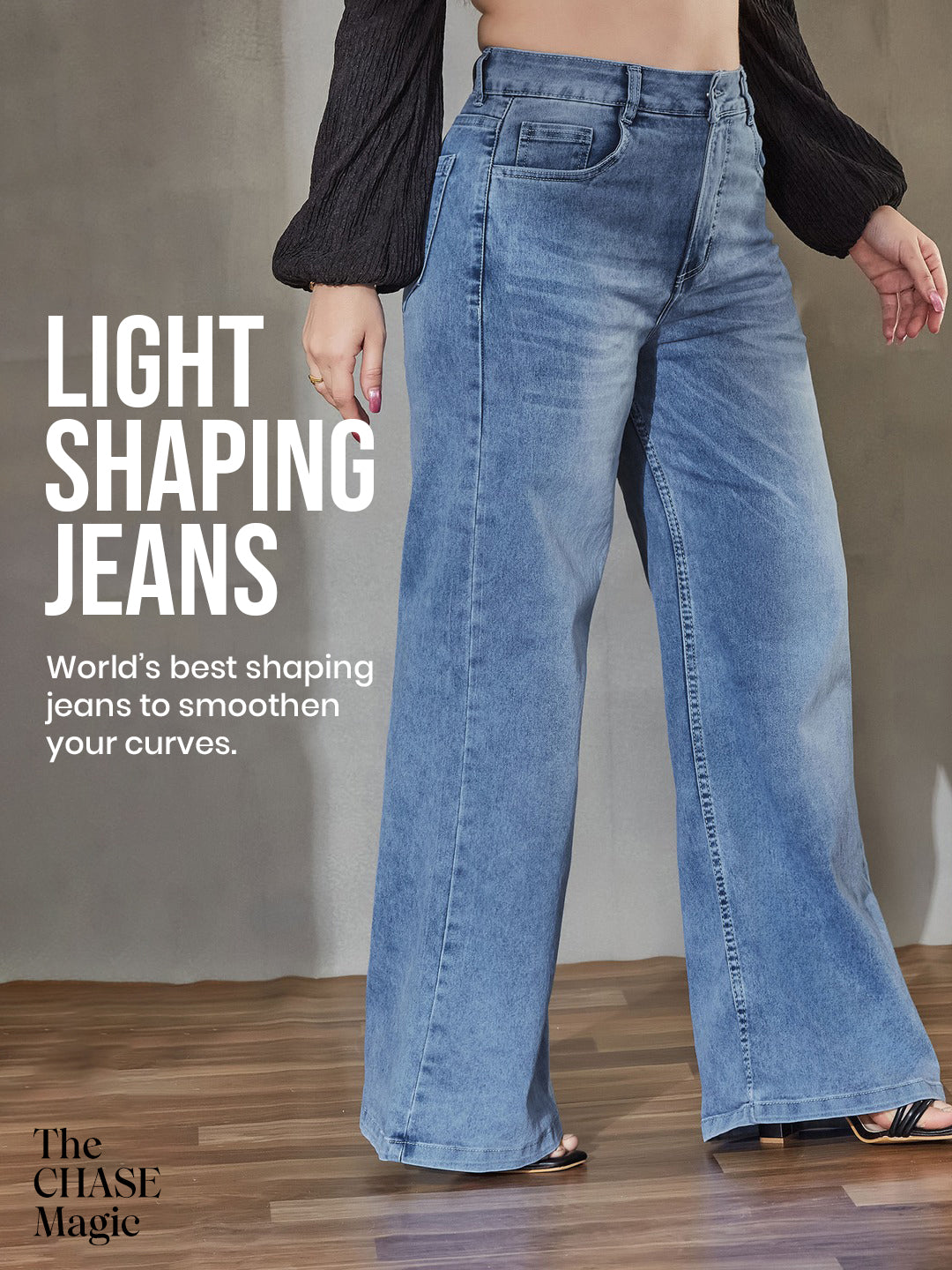 CHASEshape™ Light Blue Wide-Leg High-Rise Stretchable Denim Jeans for Women