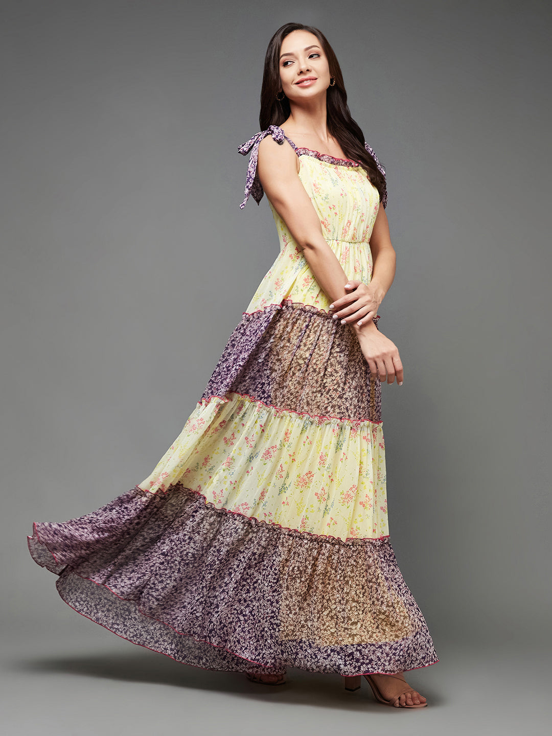 Women's Multicolored Square Neck Shoulder Strap Tie-Up Floral Patterned Tiered Maxi Chiffon Dress